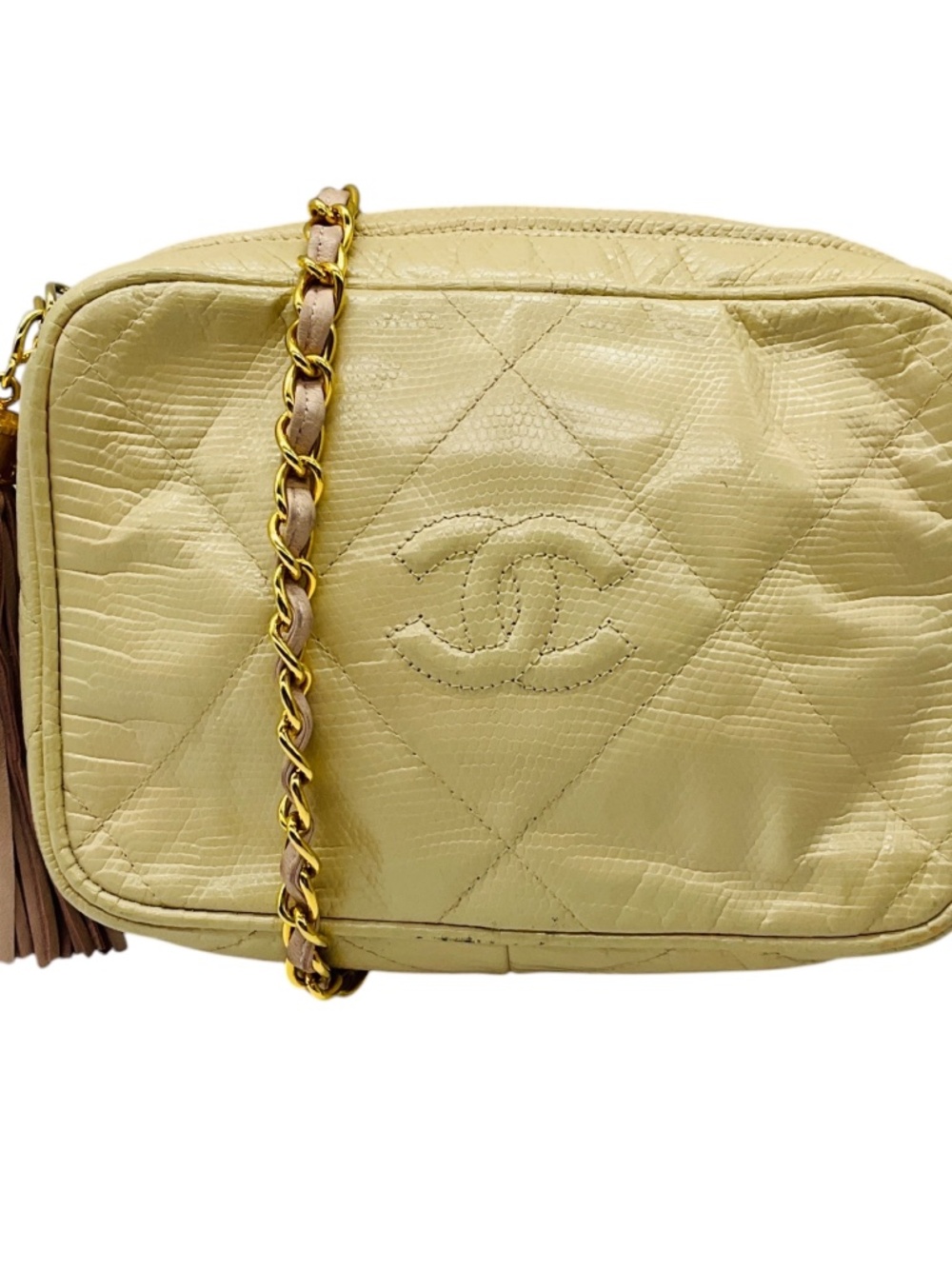 CHANEL VINTAGE BEIGE CC LOGO QUILTED EMBOSSED LEATHER CROSSBODY BAG WITH CHAIN S